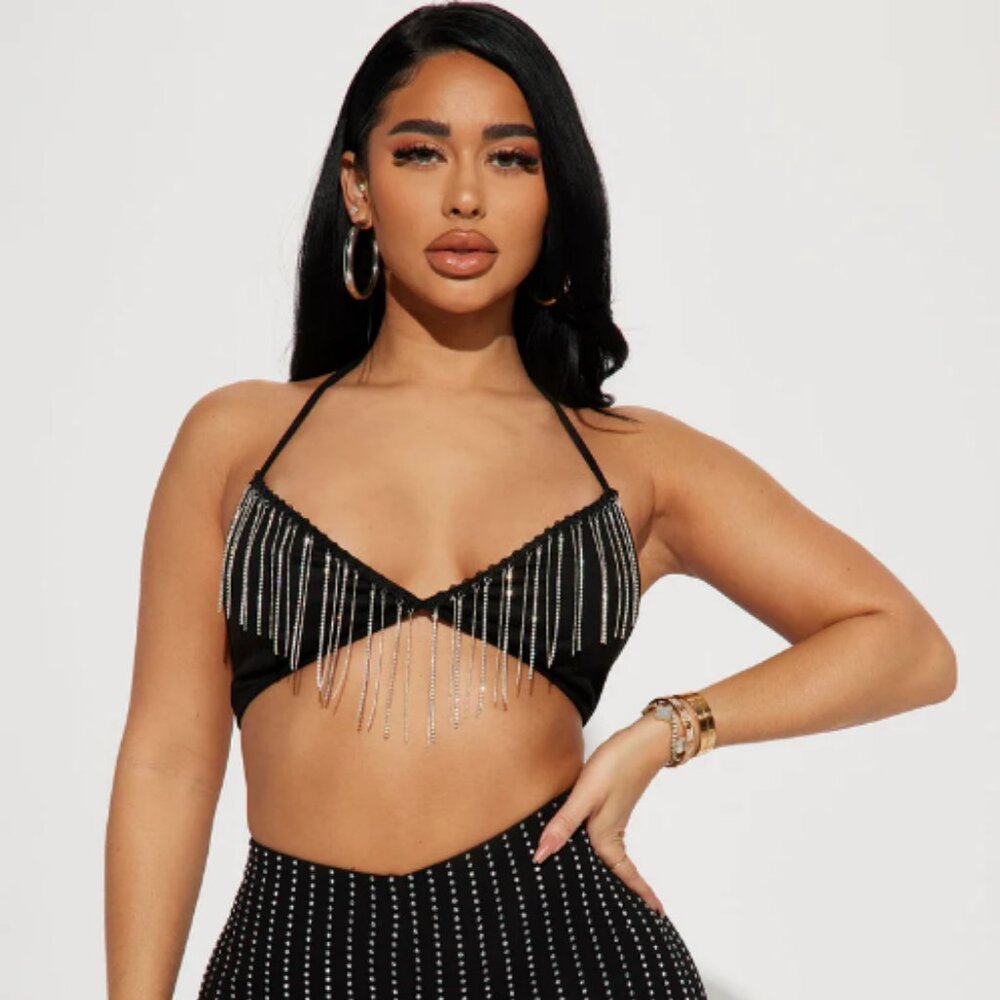 Fashion Nova Black Electric Fringe Halter Top Size Small